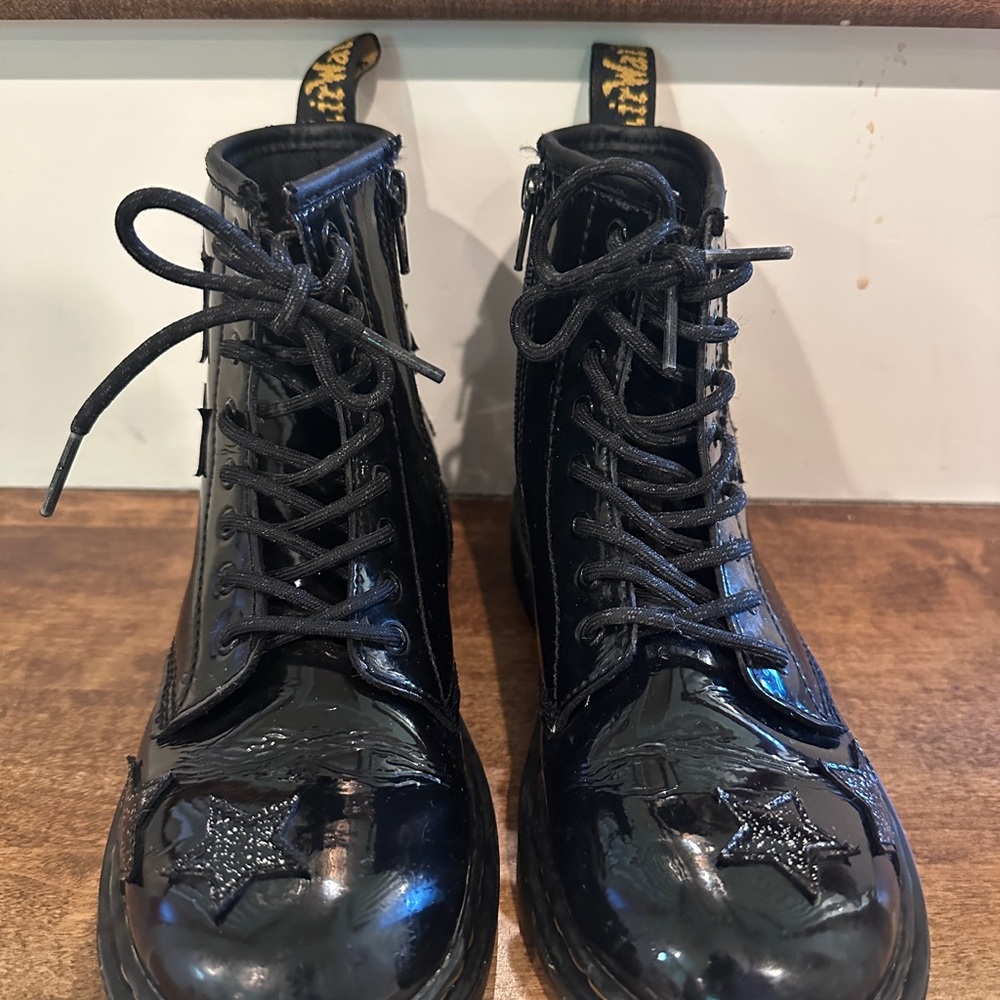 Black Dr. Martens Lace-Up/Side Zipper Boots with Silver Glitter Star Detail